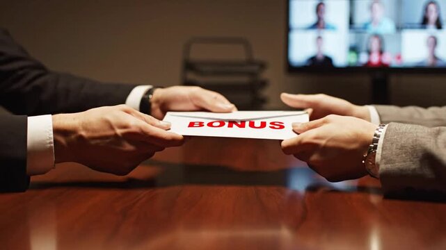 Two businessmen exchange a bonus check at a desk in a professional office setting with a screen in background