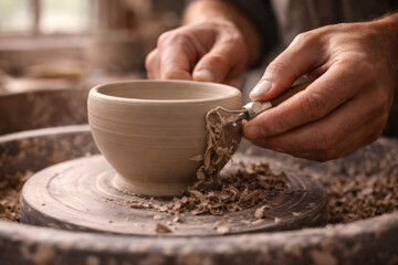 pottery making process with skilled hands shaping clay on wheel