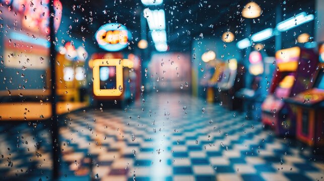 Rain Drops on Glass with Blurred Arcade Machines and Neon Lights - Powered by Adobe