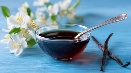 Vanilla Extract in Glass Bowl with Vanilla Pods and White Flowers on Blue Background