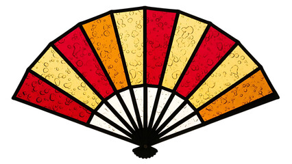 Dazzling ruby and amber stained glass folding fan, architectural and textured, casting vibrant light. Ideal for luxury branding, cultural event design, elegant invitations,