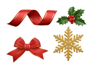 Christmas holiday decorations elements including a shimmering golden snowflake, a festive red ribbon, a classic bow, and a vibrant holly sprig with berries, perfect for seasonal designs.