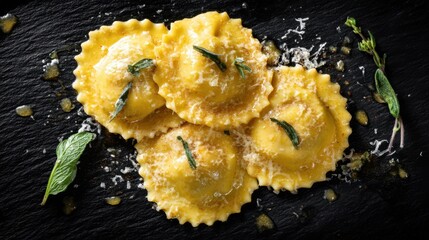 Four ravioli filled with cheese and topped with herbs are arranged neatly on a dark slate board. Olive oil and small herbs surround the dish showcasing a meal prepared in a kitchen.