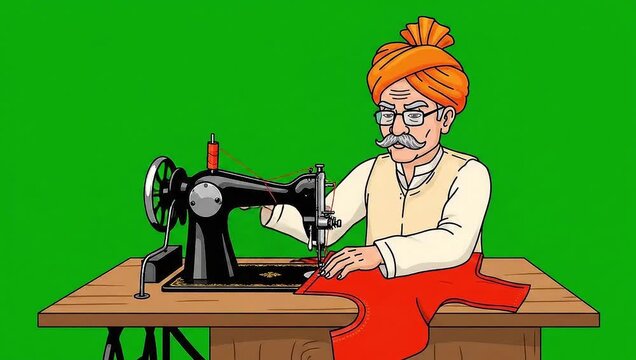 Village tailor sewing clothes on hand-operated sewing machine vector  green screen animation