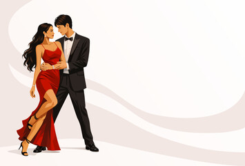 Romantic Dancing Couple in Red Dress and Black Suit on Light Minimal Background with Flowing Abstract Shapes