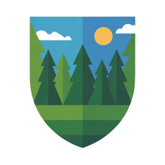 Green forest landscape with sun and clouds Vector, illustration