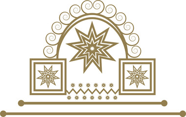 Golden christmas ornament and snowflake star vector set featuring winter holiday patterns and snow icons for a blue xmas celebration card illustration