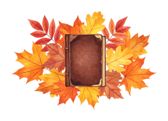 Vintage brown book nestled among vibrant watercolor autumn leaves, symbolizing knowledge, history, and the cozy feeling of the fall season.