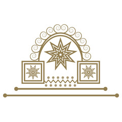 Vintage winter holiday card design featuring a golden christmas ornament and tree with a star pattern, snowflake icon, and blue xmas frame vector illustration