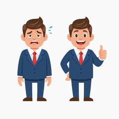 Fototapeta premium Two businessmen show contrasting emotions with one sweating and worried and the other smiling and giving a thumbs up.