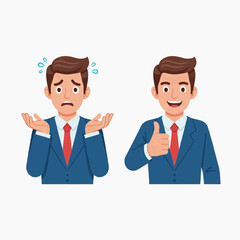 Fototapeta premium Two businessmen illustrate contrasting emotions with one showing confusion and the other satisfaction in an office setting.