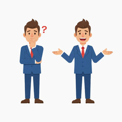 Fototapeta premium Two businessmen in blue suits discuss and ponder a question mark in a cartoon style illustration.
