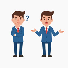 Fototapeta premium Two businessmen in blue suits discuss and ponder over a question mark in a confused expression.