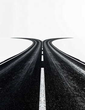 Road split symbolizing choice and strategy. Minimal road splitting into two paths representing decision making, leadership and strategy. For business planning, career choices and future direction.