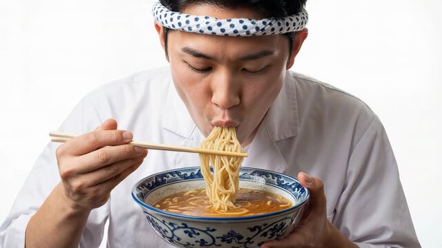 Man eats ramen noodles from a blue porcelain bowl while slurping hot savory broth and noodles. He holds chopsticks and supports the bowl with both hands. Casual single person dining with traditional a