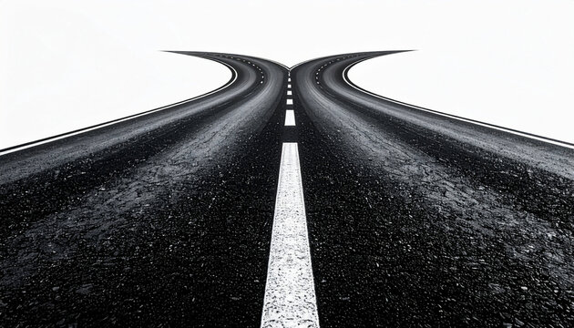 Road split symbolizing choice and strategy. Minimal road splitting into two paths representing decision making, leadership and strategy. For business planning, career choices and future direction.