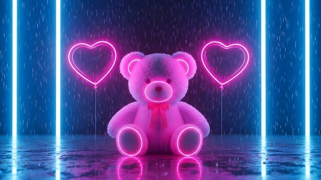 Valentine's day neon teddy bear with hearts romantic love concept