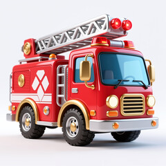 Bright red fire truck with gold accents and white geometric patterns, featuring a large ladder and glowing sirens against a plain white background.