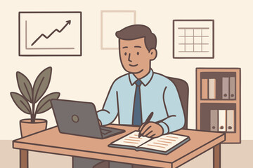 Fototapeta premium Businessman Working on Laptop with Financial Charts Illustration