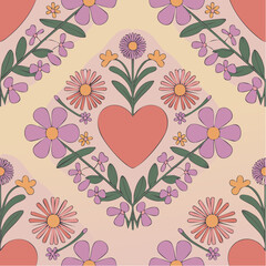 hearts bloom among radiant florals, weaving love and nature into pastel diamond symmetry