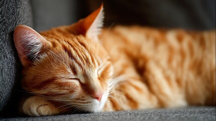 A close-up shot of a ginger tabby cat curled up asleep on a soft gray sofa