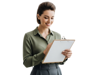 Smiling professional woman diligently writing on a clipboard with a pen, looking focused and organized