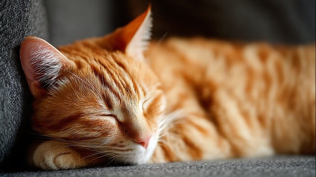 A close-up shot of a ginger tabby cat curled up asleep on a soft gray sofa - Powered by Adobe