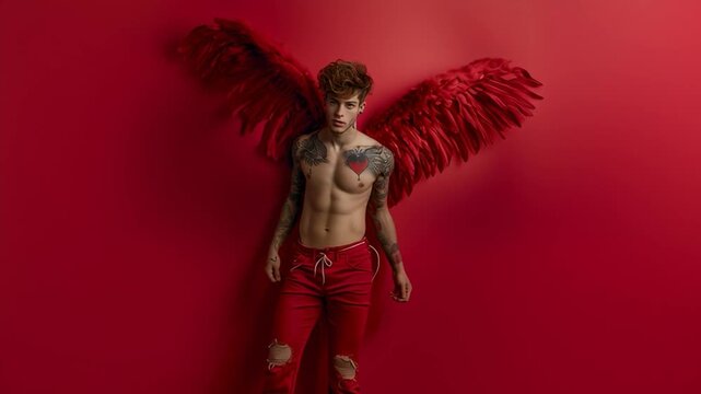 A handsome Cupid god with heart-shaped tattoos on his body, holding wings of love against a red background &ndash; video.