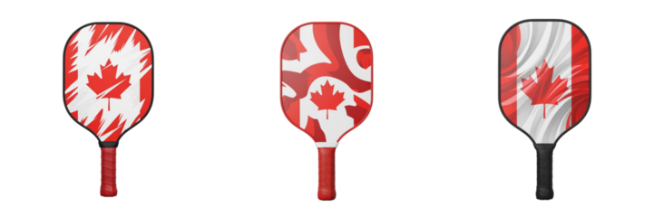 Pickleball paddle set with red and white maple leaf design featuring three different styles of sport equipment for outdoor play and competition