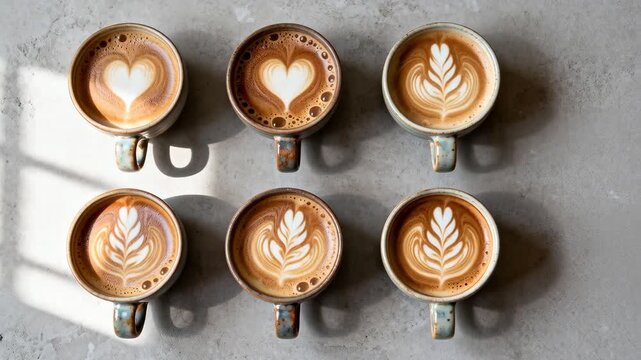 Latte cups with heart and rosetta latte art sit on a concrete countertop in natural side light. Warm tones and soft shadows emphasize foam texture and subtle steam. Suitable for cafe menus, lifestyle 