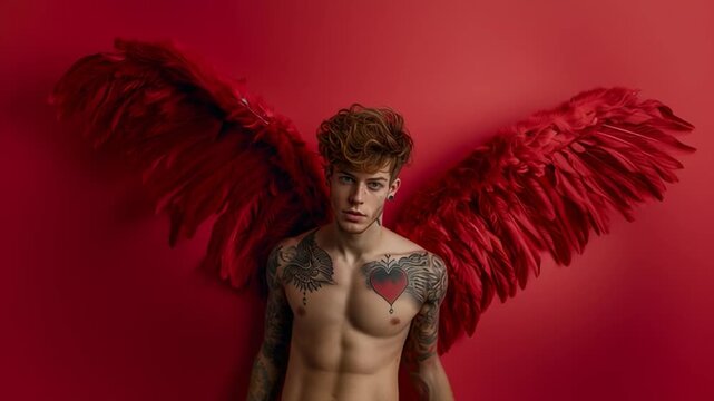 A handsome Cupid god with heart-shaped tattoos on his body, holding wings of love against a red background &ndash; video.