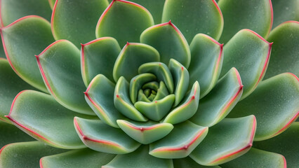 Flat lay of a succulent plant in blooming rosette pattern with green fleshy leaves and red edges. Banner template of botanical plant for gardening  in mexican desert style.