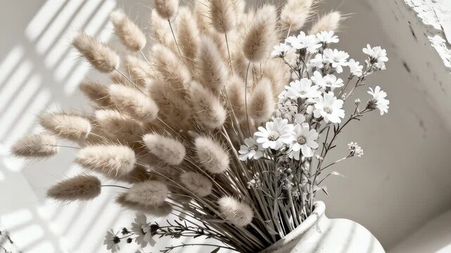 Dried bunny tails bouquet arranged with delicate white wildflowers in a simple ceramic vase. Soft natural light casts striped window shadows on a textured wall. Neutral tones and soft textures evoke c