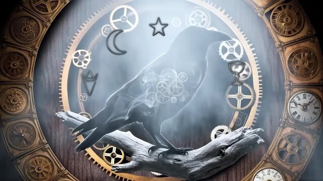 Crow appears with exposed clockwork inside its body and metal gears visible through smoky textures. Steampunk composition shows the bird on a weathered branch inside a brass gear frame and wooden back