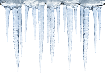 Many sharp clear blue icicles hang vertically, showcasing their frozen beauty and intricate textures formed by winter's cold embrace.