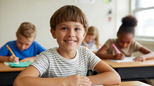 Smiling young student sitting at desk in classroom with friends class room theme video