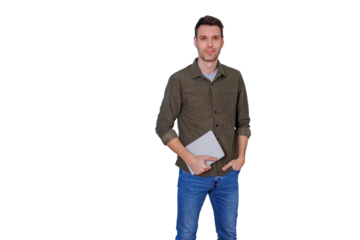 Confident man in casual clothes holding a digital tablet, standing on transparent background, technology and business concepts
