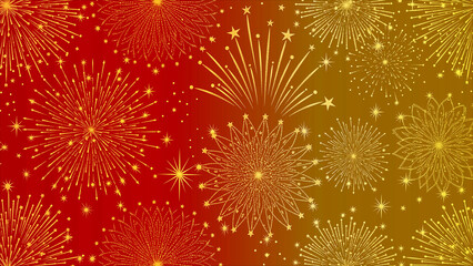 Radiant golden fireworks and dazzling starbursts illuminate a festive red to gold gradient background, perfect for commemorating special moments and grand celebrations