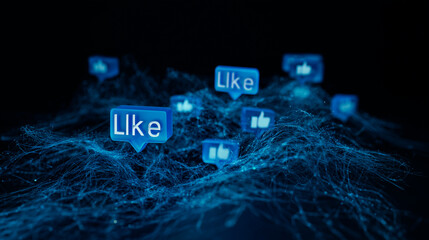 Network of bright blue threads capturing 3D social media "Like" icons on a dark background, concept of digital addiction and social connectivity