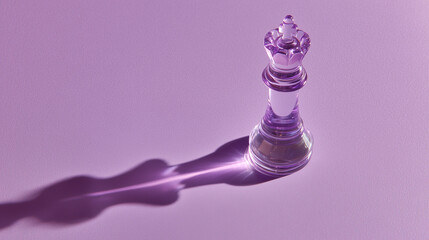 Transparent purple crystal chess queen piece casting a long shadow on a violet background, concept of strategy and leadership