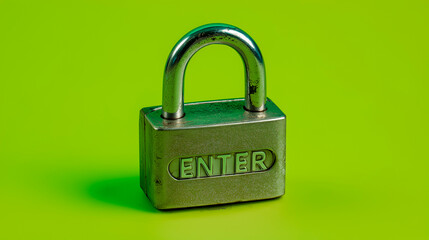Metal padlock with the word "Enter" engraved on a vibrant green background, cybersecurity and data protection concept
