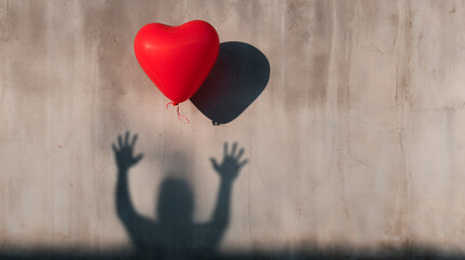 Red heart-shaped balloon projecting the shadow of a person trying to reach it onto a cement wall, concept of longing and unattainable love