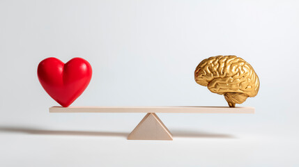 Balance between a red heart and a golden brain on a wooden seesaw on a white background representing the concept of balance between reason and emotion