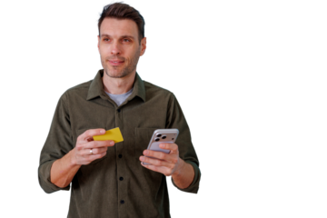 Man making online payment or transferring money with mobile phone and credit card, using financial app on transparent background