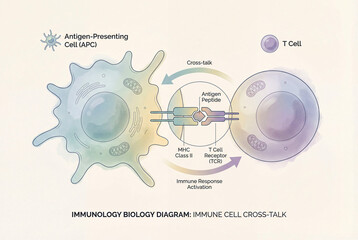 Immunology diagram of immune cell cross-talk and antigen presentation between APC and T-cell.