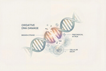 Oxidative DNA damage illustration showing broken double helix strand and free radical attack