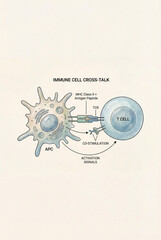 Immunology diagram of immune cell cross-talk and antigen presentation between APC and T-cell.