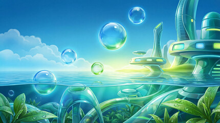 Frutiger aero futuristic aquatic city with underwater glass tunnels and floating structures