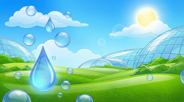 Frutiger aero giant water drop falling over green fields with futuristic glass greenhouses