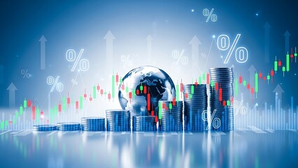 Futuristic cityscape with globe and financial charts